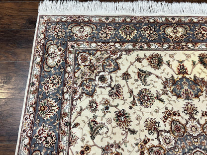 Sino Persian Square Rug 5x5, Very Fine Oriental Carpet, Wool & Silk Highlights, Ivory, Hand Knotted Handmade Vintage Traditional Rug - Nuvé