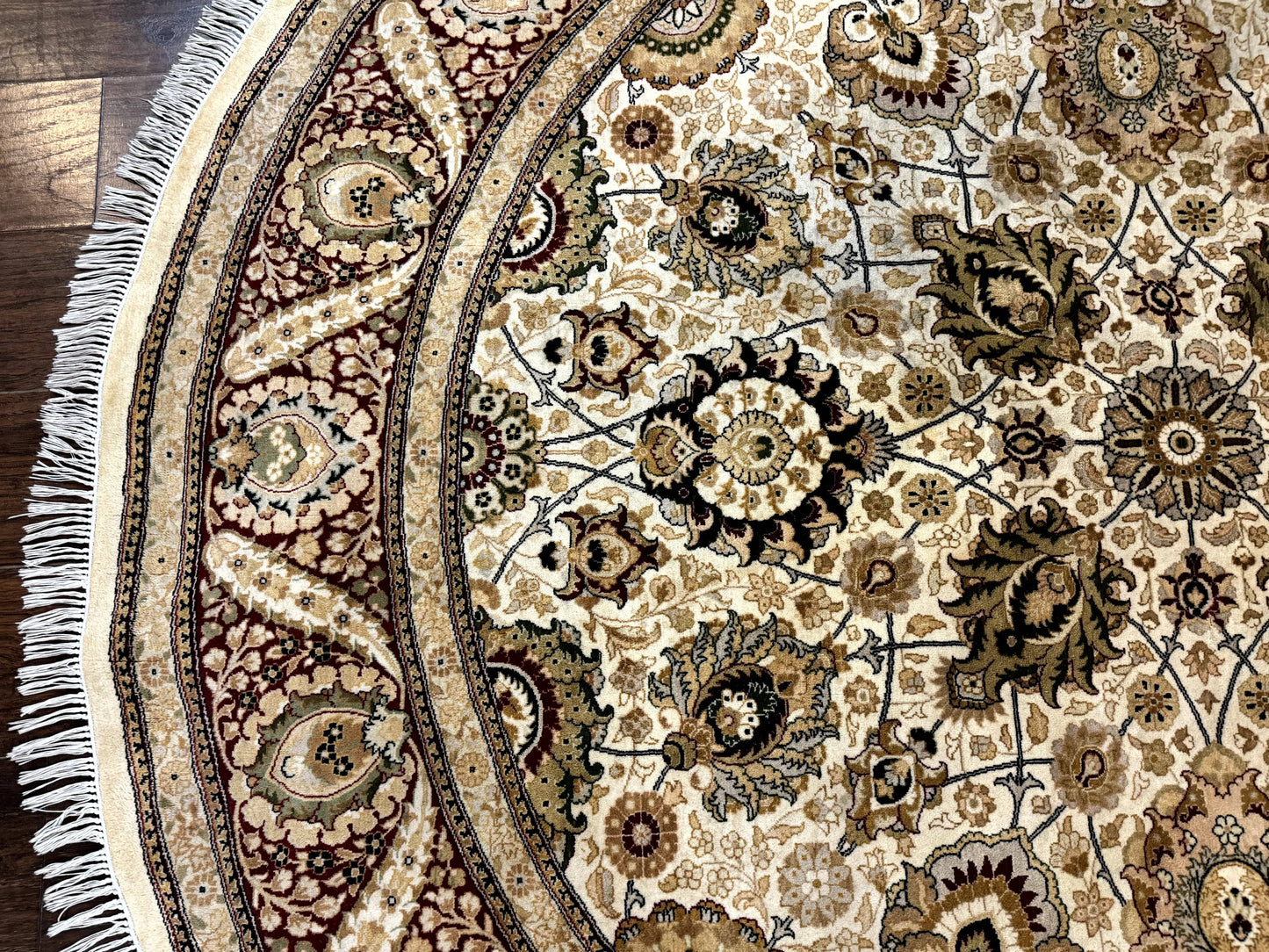 Round Pak Persian Rug 8x8, Vintage Handmade Wool Traditional Carpet, Beige Dark Red, Fine 270 KPSI - Nuvé