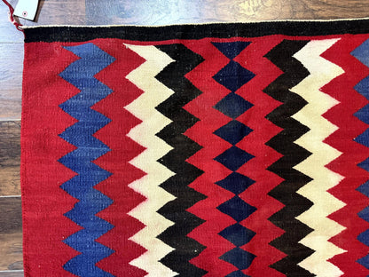 Antique Navajo Rug 3.7 x 2.8, Red Ivory Blue, Zig Zag Pattern, Handmade, Wool - Nuvé