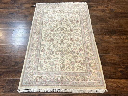 Indo Persian Rug 4x6, Vintage Handmade Wool Carpet, Floral Allover Pattern, Beige, Pair B - Nuvé