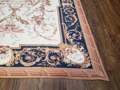 Chinese Aubusson Savonnerie Area Rug 6x8, Vintage Hand-Woven Needlepoint Rug, Flat Weave Handmade Wool Carpet Living Room Ivory & Navy Blue - Nuvé