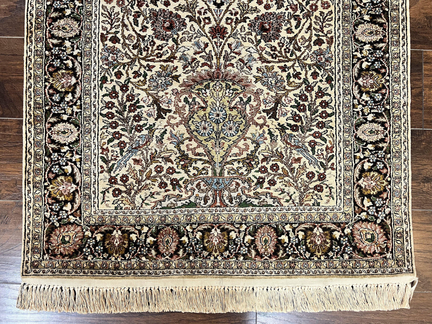 Turkish Kayseri Silk Rug 3x5, Tree of Life Silk Oriental Carpet, Birds Persian Vase Design, Hand Knotted Vintage Fine Rug, 340 KPSI - Nuvé
