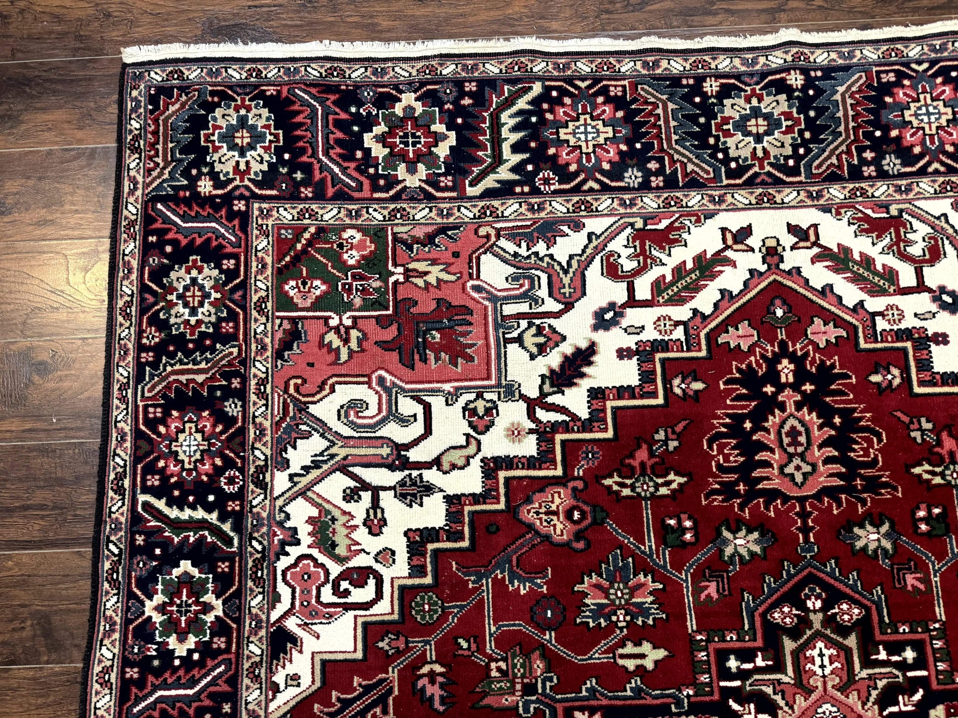 Indo Persian Heriz Rug 8x10, Geometric Medallion, Brick Red Ivory Navy Blue, Room Sized Heriz Carpet, Wool Rug - Nuvé