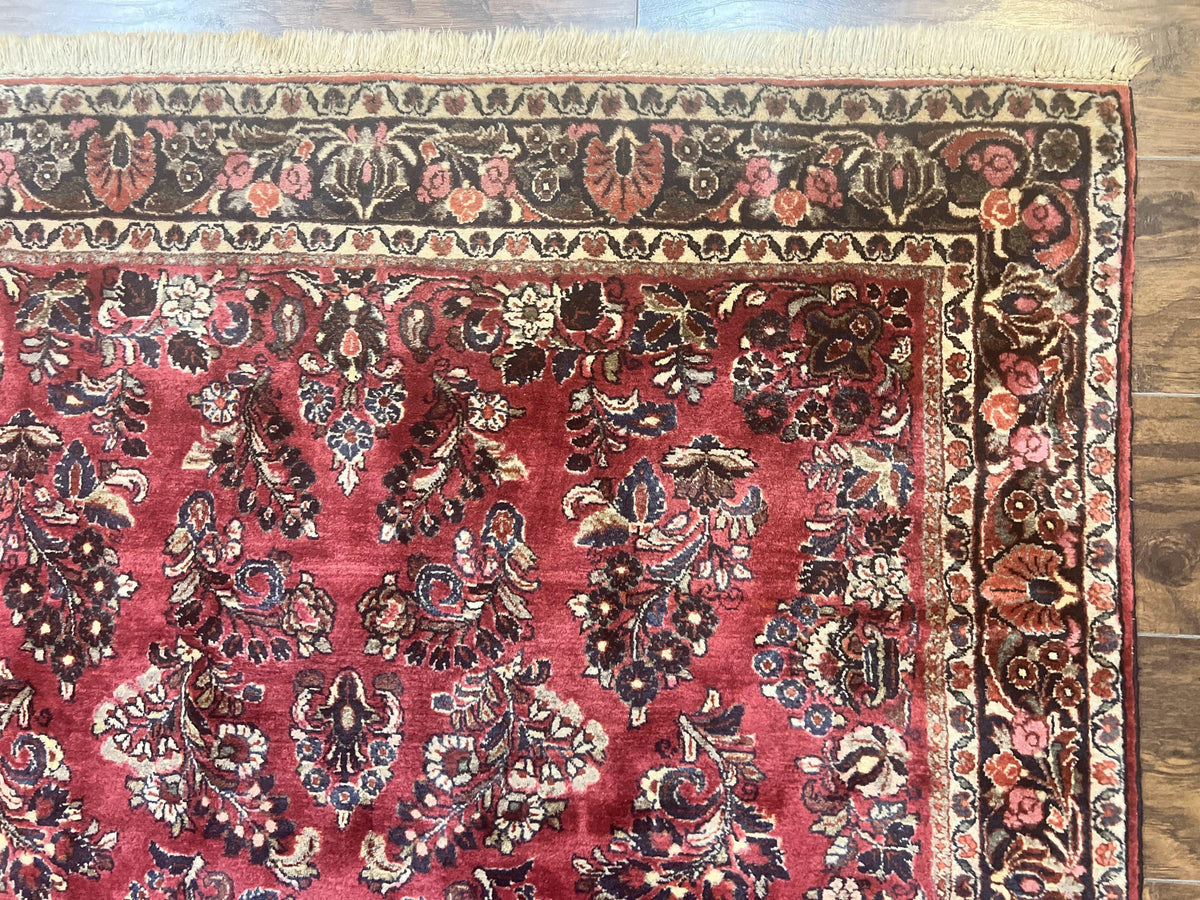Antique Persian Sarouk Rug 4x7, Hand Knotted Wool Red Persian Carpet, Floral