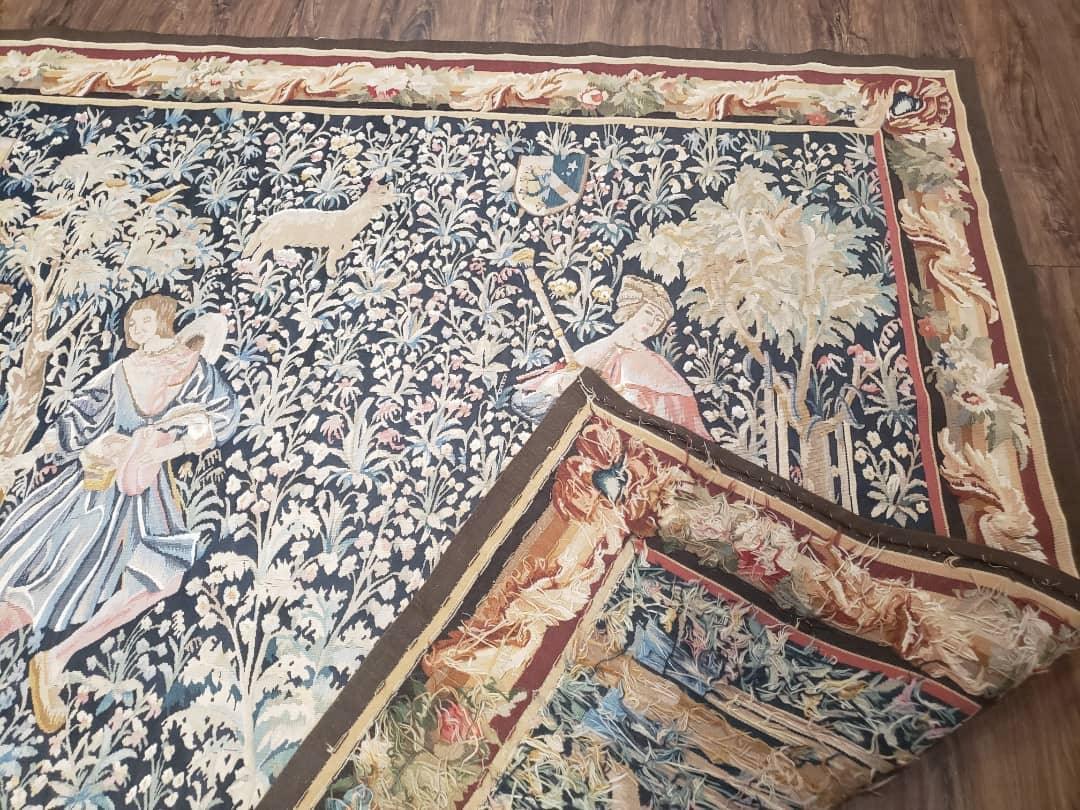 Vintage European Tapestry 5.4 x 7.11, Antique Style European Wall Hanging, Aubusson Weave Handmade Tapestry, Courtship Dating Scene, Animals - Nuvé