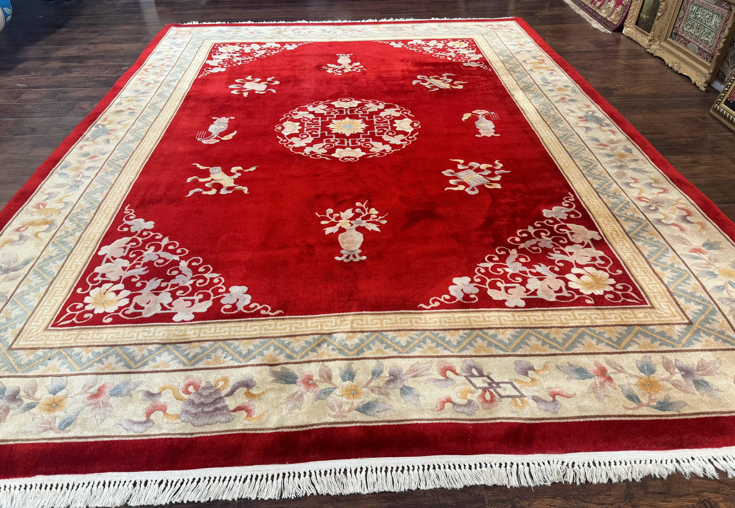 Chinese Wool Rug 8.6 x 11, Red and Beige Asian Oriental Carpet, Plush Pile, Vintage Handmade Chinese Carving Sculpted Rug, Semi Open Field - Nuvé