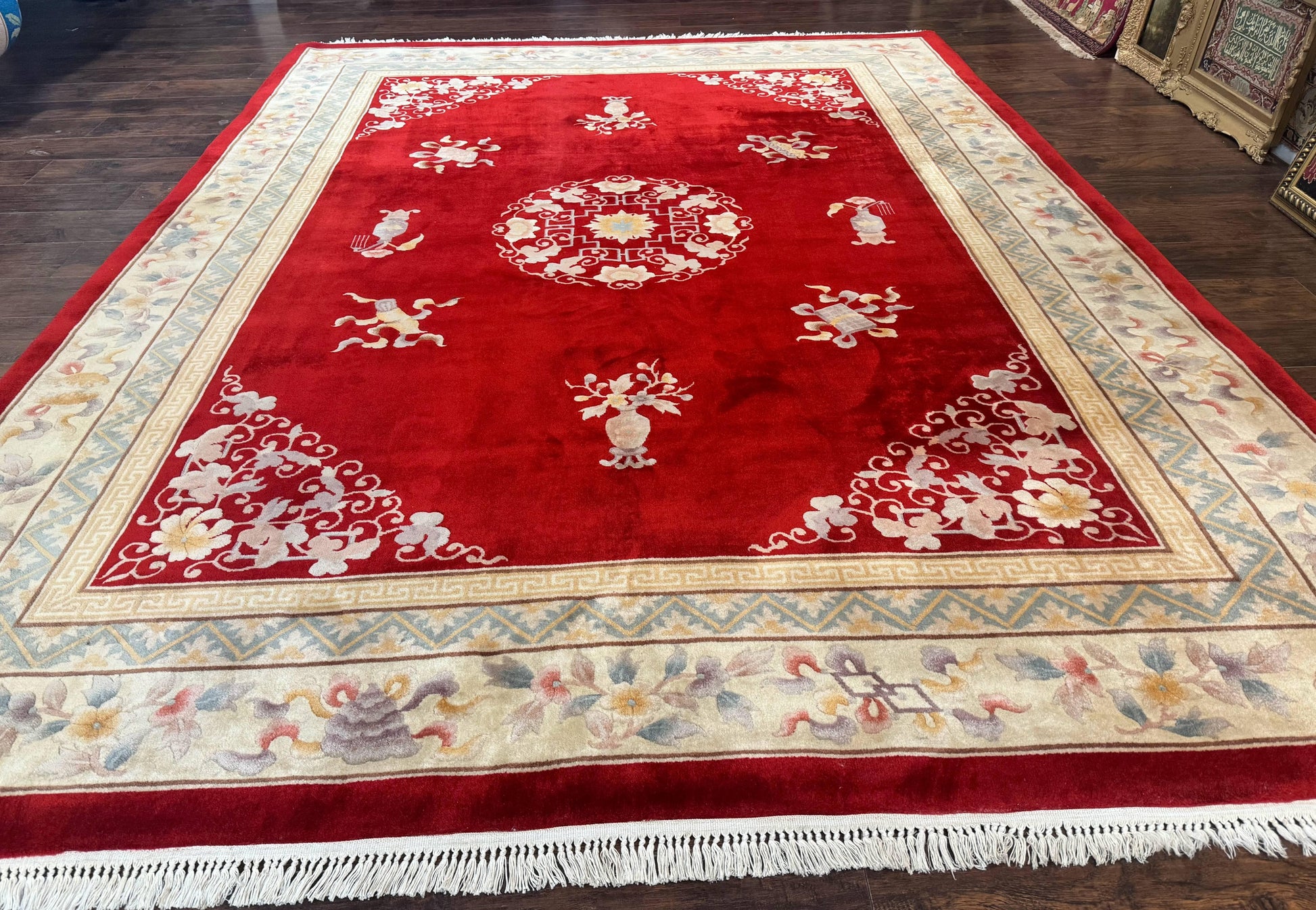 Chinese Wool Rug 8.6 x 11, Red and Beige Asian Oriental Carpet, Plush Pile, Vintage Handmade Chinese Carving Sculpted Rug, Semi Open Field - Nuvé