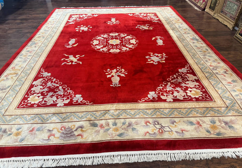 Chinese Wool Rug 8.6 x 11, Red and Beige Asian Oriental Carpet, Plush Pile, Vintage Handmade Chinese Carving Sculpted Rug, Semi Open Field - Nuvé