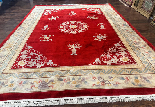 Chinese Wool Rug 8.6 x 11, Red and Beige Asian Oriental Carpet, Plush Pile, Vintage Handmade Chinese Carving Sculpted Rug, Semi Open Field - Nuvé