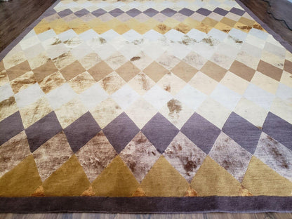 8' 6" X 11' Handmade Chinese Tibetan Nepal Silk & Wool Rug Gold Brown Tan Beige - Nuvé
