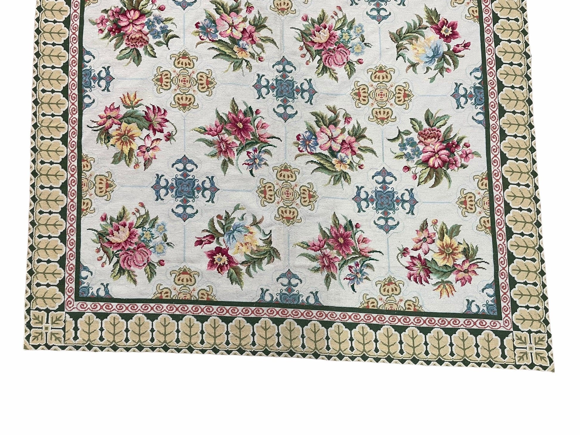 Hand-Knotted Needlepoint Carpet 6x9, Ivory/Cream Background, Colorful Flowers, Yellow Border, Aubusson Rug 6 x 9, New, Handmade - Nuvé