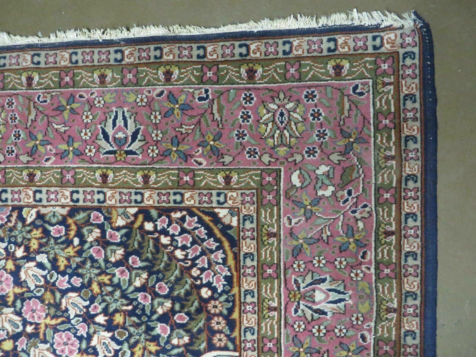 Turkish Sivas Rug 7x11, Navy Blue & Pink, Millifluer Floral Wool Carpet, Vintage - Nuvé