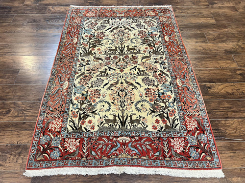Persian Tree of Life 5x7, Qum Rug, Animal Motifs, Deer Birds, Fine 225 KPSI, Semi Antique Vintage Handmade Wool Rug, Cream Red - Nuvé