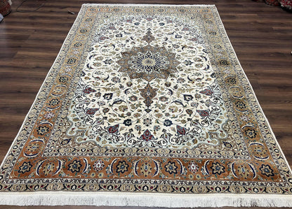 Wonderful Persian Tabriz Rug 7x10, Floral Medallion, Very Fine Oriental Carpet, Ivory - Nuvé