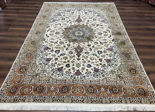 Wonderful Persian Tabriz Rug 7x10, Floral Medallion, Very Fine Oriental Carpet, Ivory - Nuvé