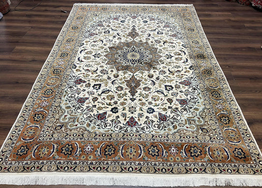 Wonderful Persian Tabriz Rug 7x10, Floral Medallion, Very Fine Oriental Carpet, Ivory - Nuvé