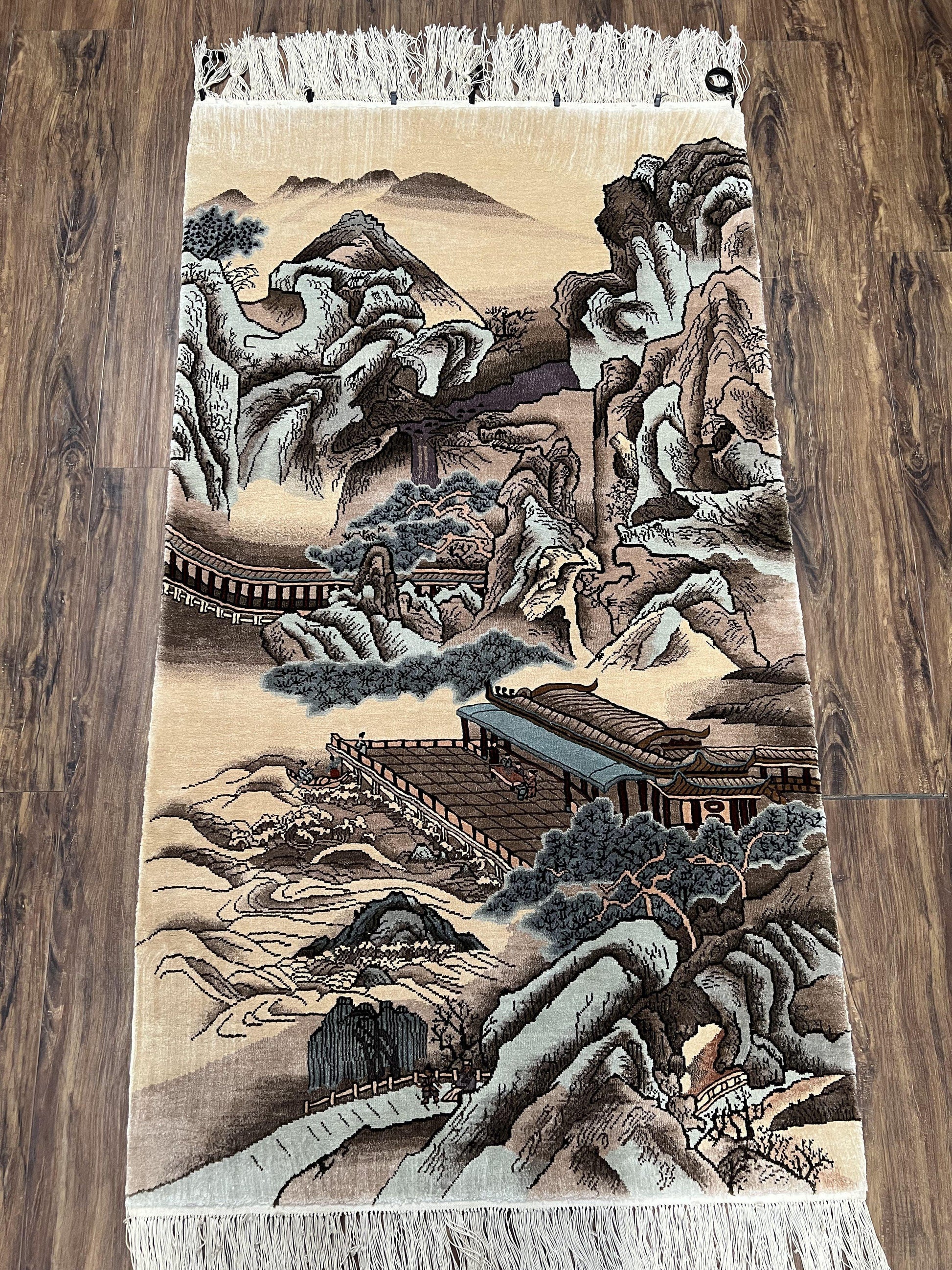 Silk Chinese Wall Hanging Rug 3x6 ft Tapestry, Pagoda Scene, Pictorial, High Quality Fine Hand Knotted Vintage, Asian Oriental Handmade Nice - Nuvé