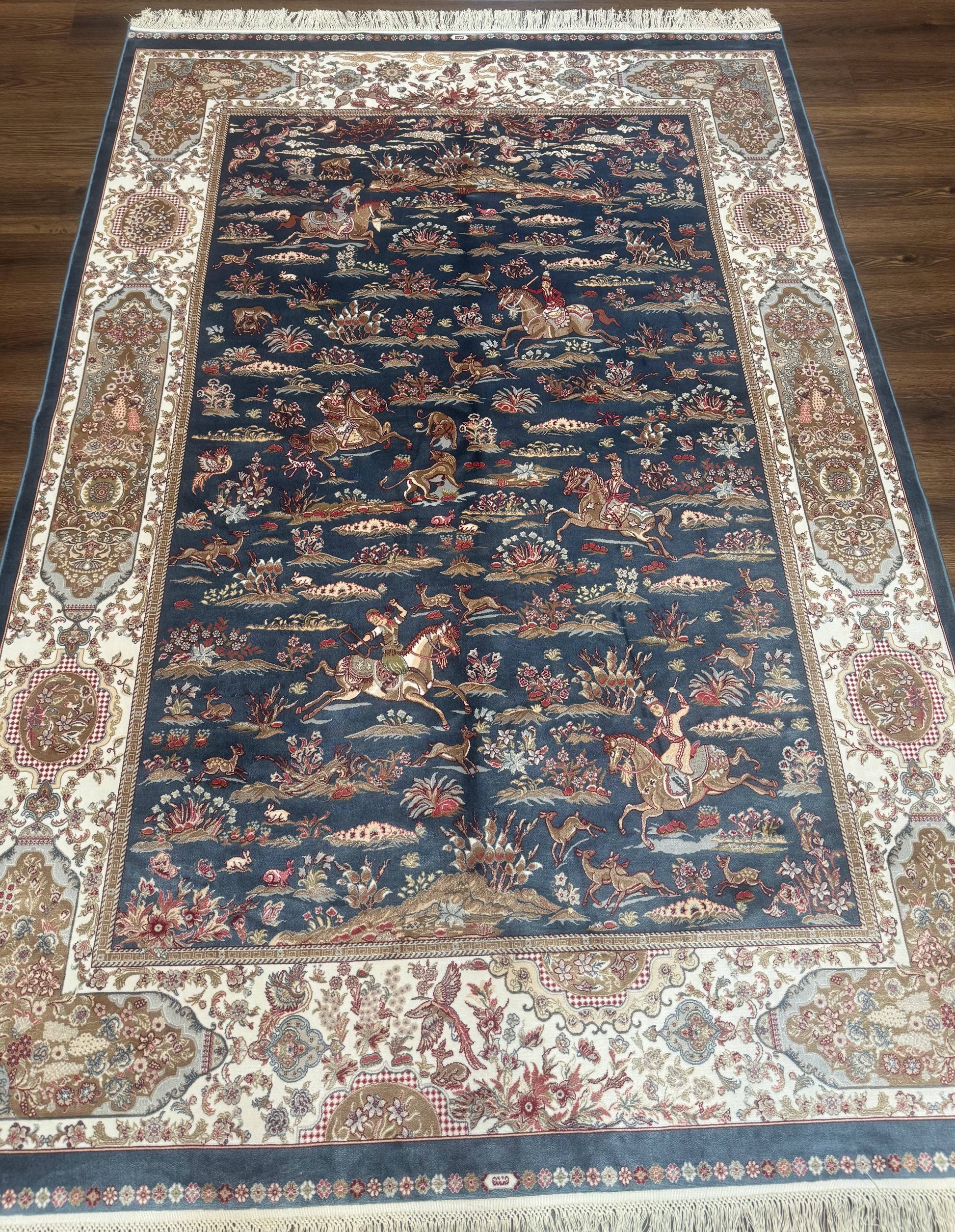 Turkish Silk Rug 5x8, Hunting Design, Animal Pictorials, Steel Blue & Ivory, Bamboo Silk - Nuvé
