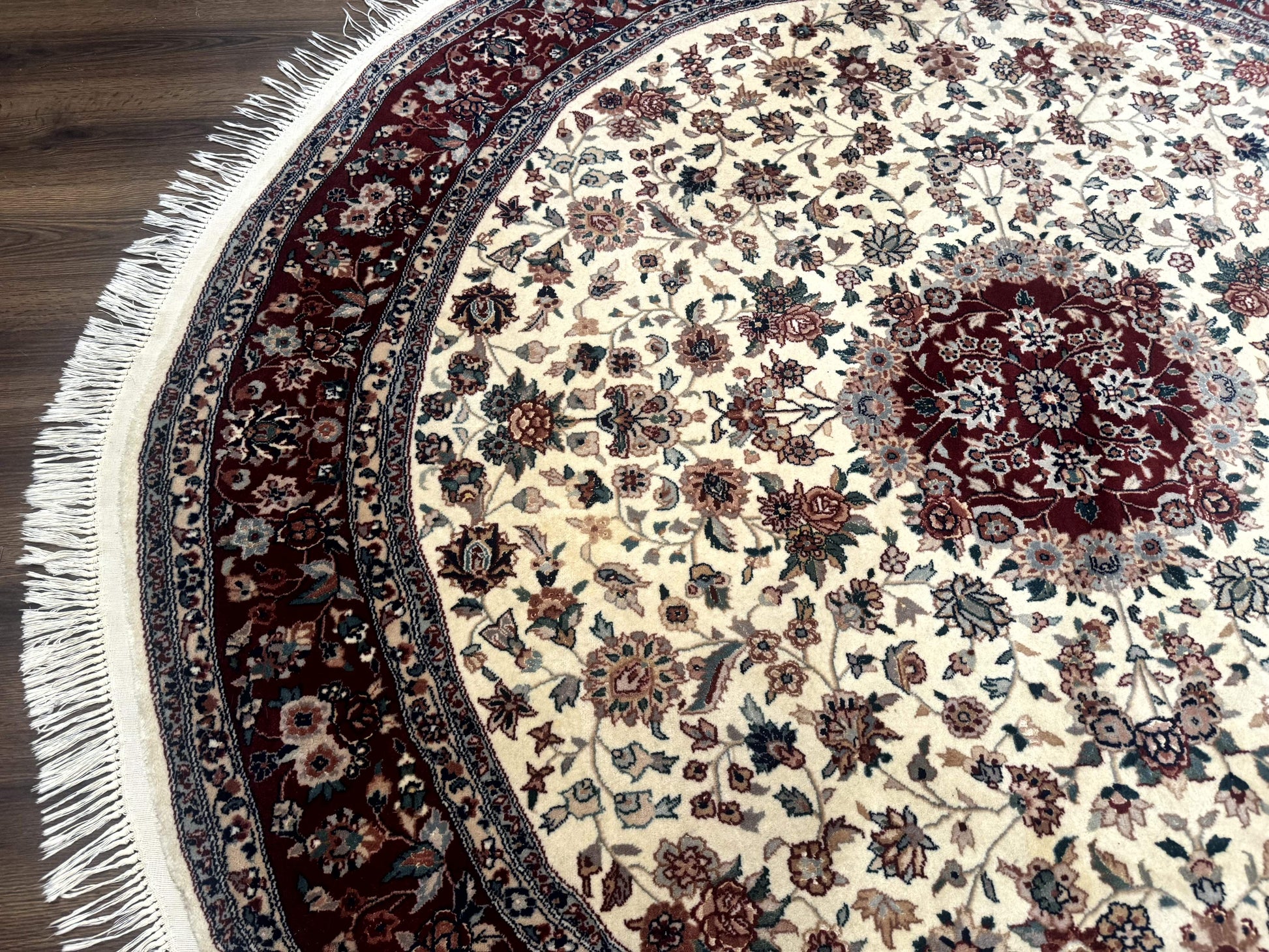 Round Sino Persian Rug 8x8, Wool and Silk, Floral Medallion, Ivory Dark Red - Nuvé