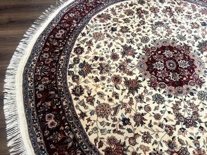 Round Sino Persian Rug 8x8, Wool and Silk, Floral Medallion, Ivory Dark Red - Nuvé