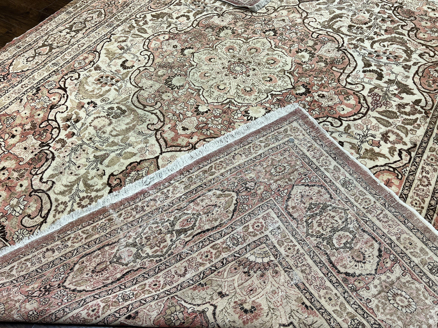Antique Persian Tabriz Rug 10x12, Wool Hand Knotted Oriental Carpet, Beige Light Red, Floral Medallion - Nuvé