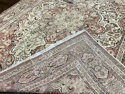 Antique Persian Tabriz Rug 10x12, Wool Hand Knotted Oriental Carpet, Beige Light Red, Floral Medallion - Nuvé