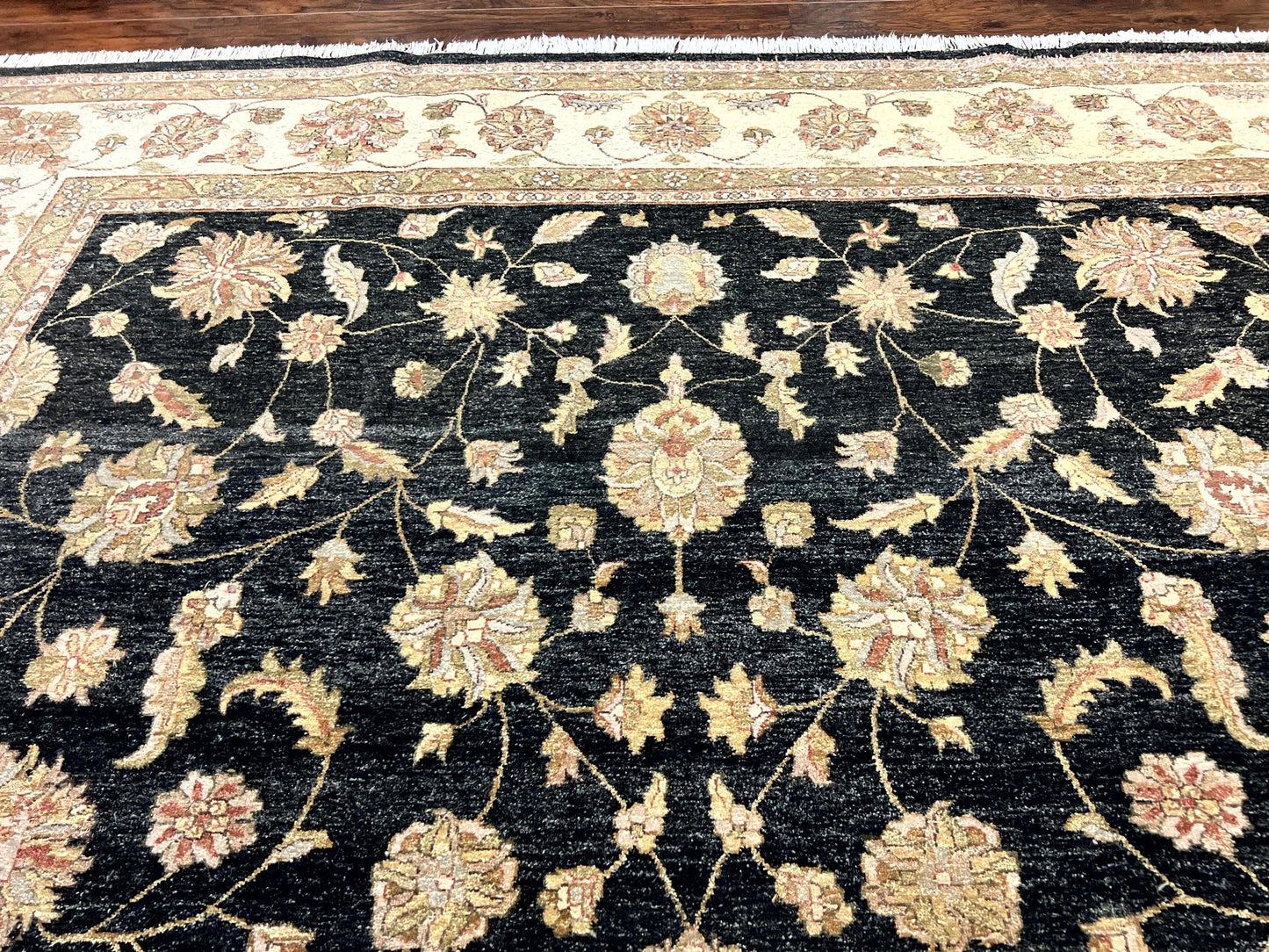 Indo Persian Rug 10x14, Charcoal and Beige, Floral Allover, Handmade Vintage Wool Carpet - Nuvé