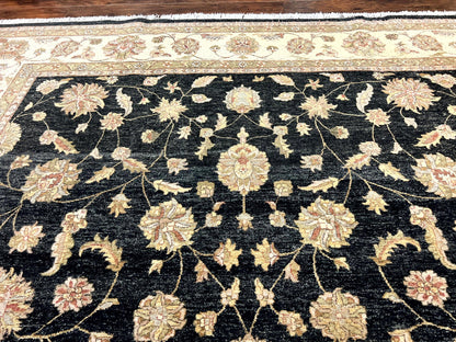 Indo Persian Rug 10x14, Charcoal and Beige, Floral Allover, Handmade Vintage Wool Carpet - Nuvé