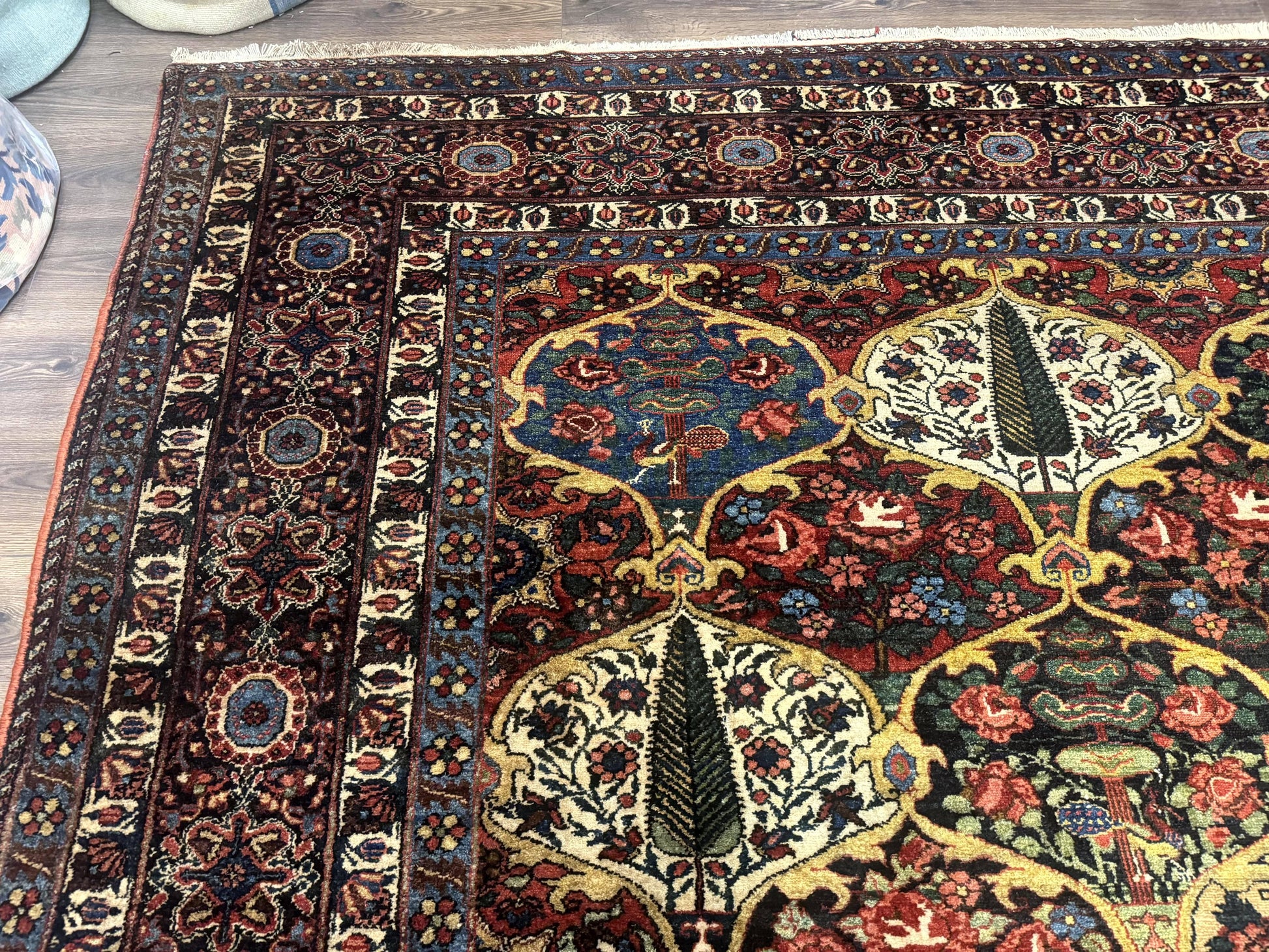 Antique Persian Bakhtiari Rug 12x19, Palace Size Wool Handmade Persian Carpet, Oversized Rug, Panel Design, Peacocks, Multicolor, Rare - Nuvé