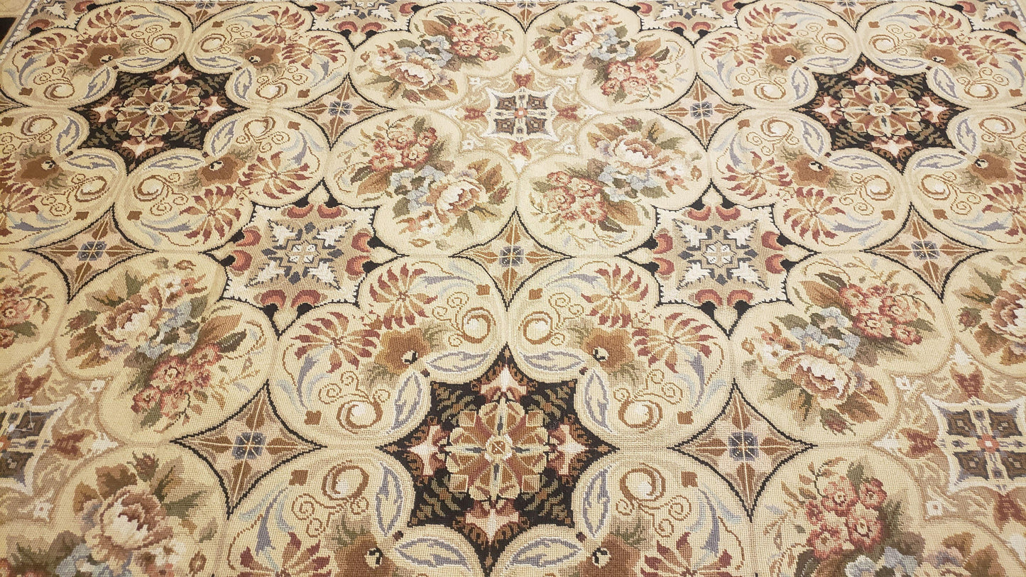 Needlepoint Rug 8x10ft Allover European Design Flowers 100% Wool Hand Knotted Aubusson Area Rug Brand New Flatweave Needle Point Carpet Chic - Nuvé