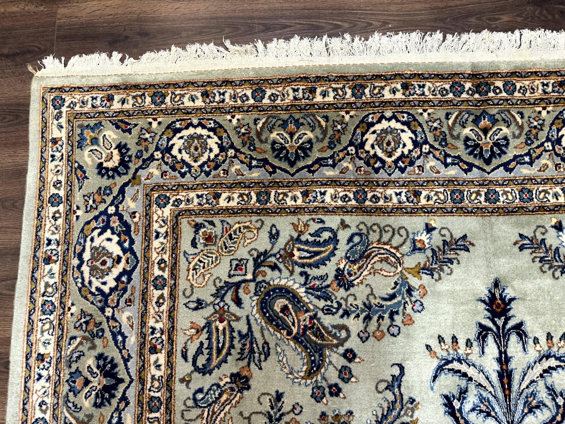 Light Green and Blue Persian Kashan Rug 7x10, Authentic Persian Carpet, Handmade, Wool - Nuvé
