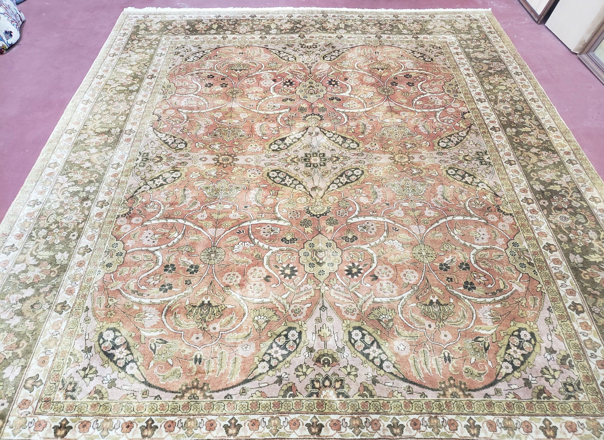 Indo Persian Rug 8x10, Vintage Indian Rug 8 x 10, Fine Hand-Knotted Wool Rug, Rose Clay Red Beige Brown Handmade Area Rug, Floral Medallion - Nuvé