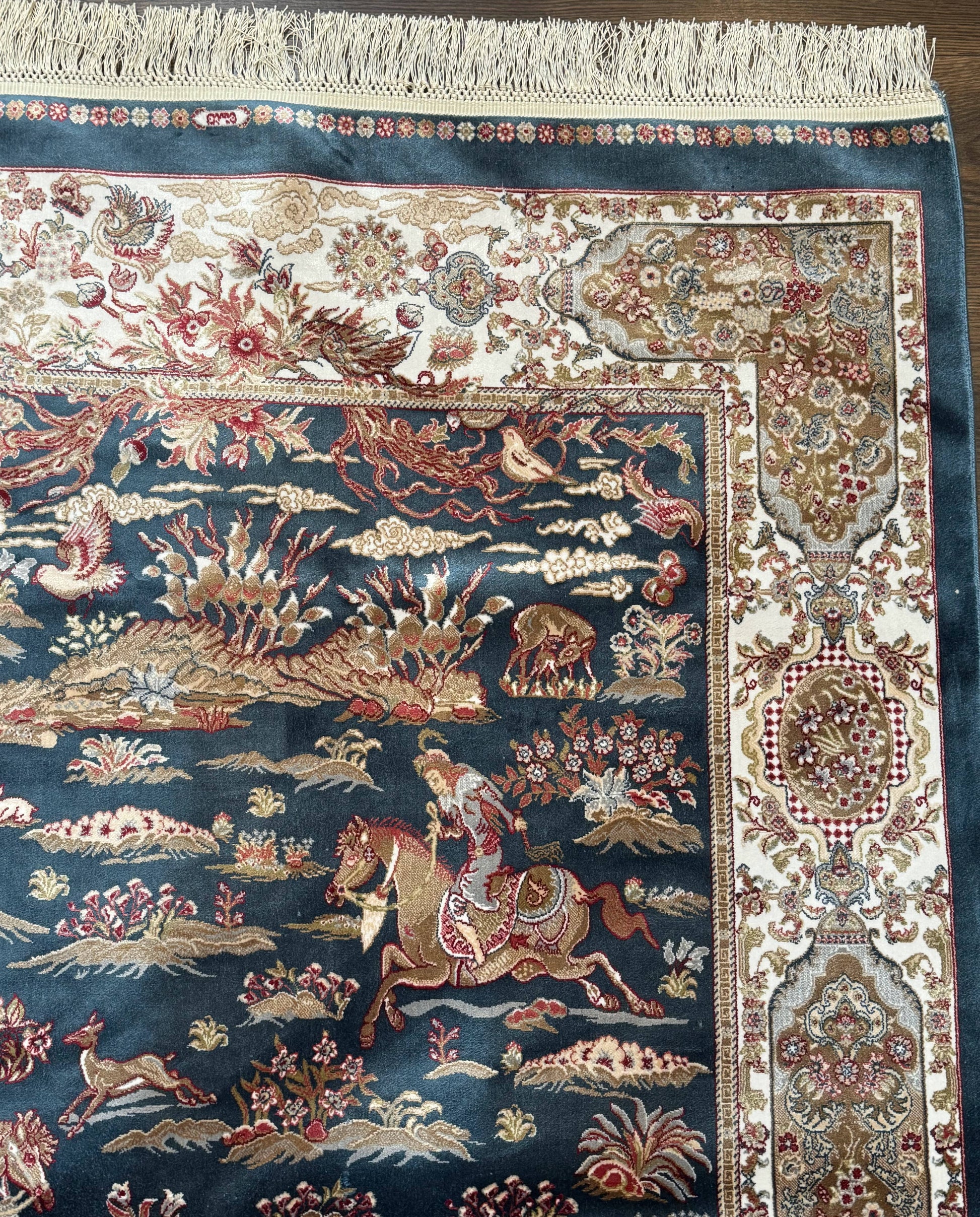 Turkish Silk Hunting Design Rug 4x6, Dark Steel Blue & Ivory, Bamboo Silk, New - Nuvé