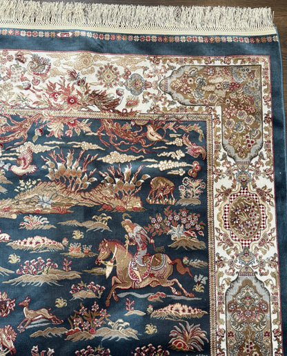 Turkish Silk Hunting Design Rug 4x6, Dark Steel Blue & Ivory, Bamboo Silk, New - Nuvé