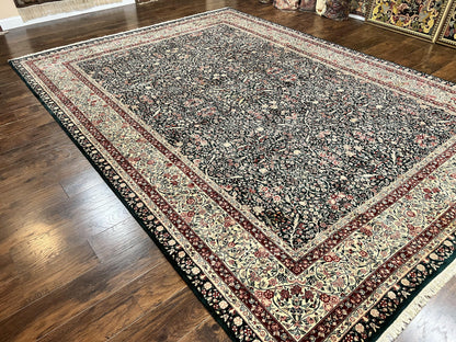 Large Sino Persian Rug 10x14, Wool Hand Knotted Vintage Carpet, Dark Green & Beige, Kirman Floral Rug, Fine Weave, Traditional, Large - Nuvé