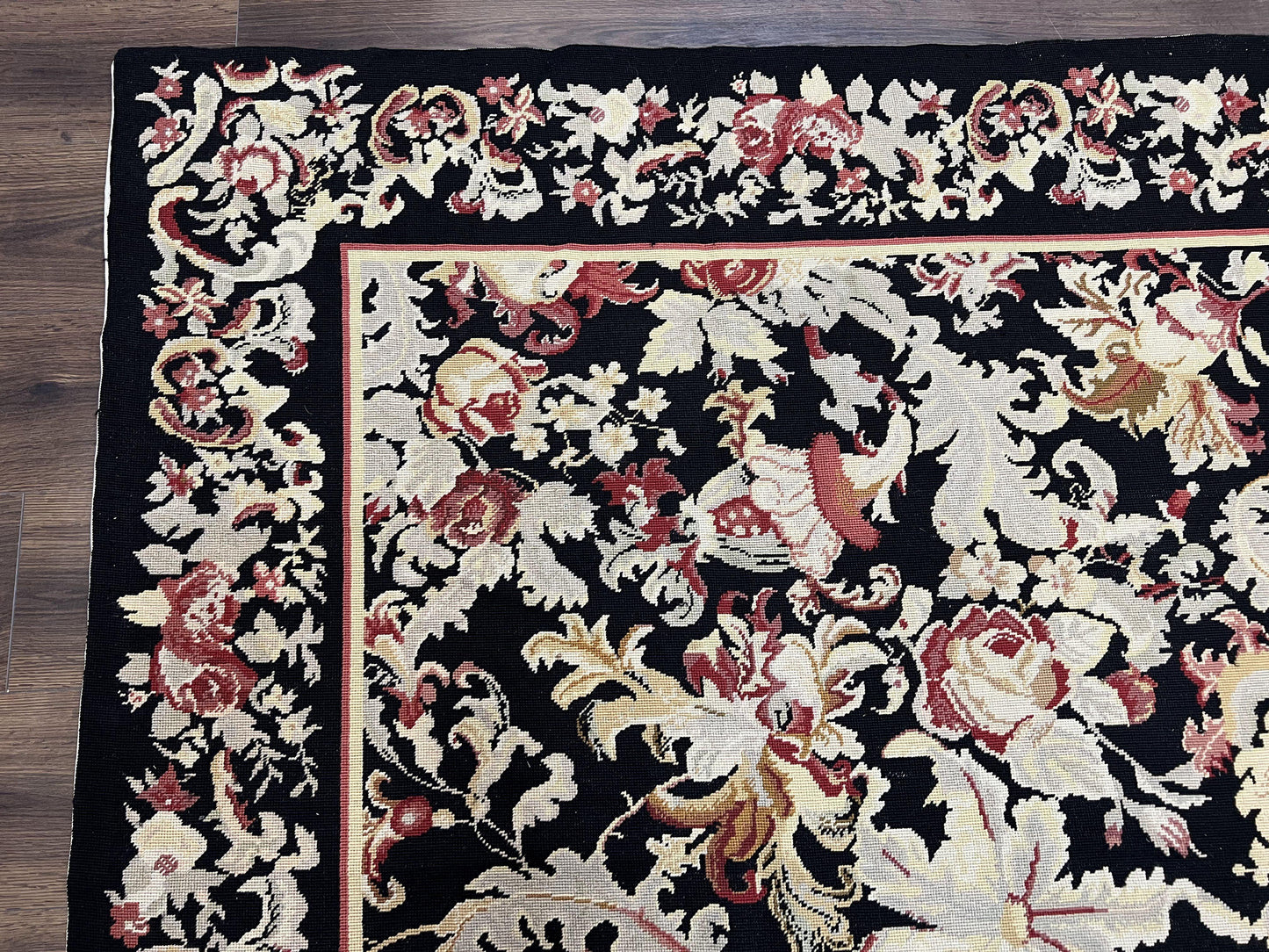 Wool Needlepoint Rug 9x12, William Morris Vintage Chinese Needlepoint Carpet 9 x 12, Handwoven, Allover Floral Area Rug, Black Light Green - Nuvé
