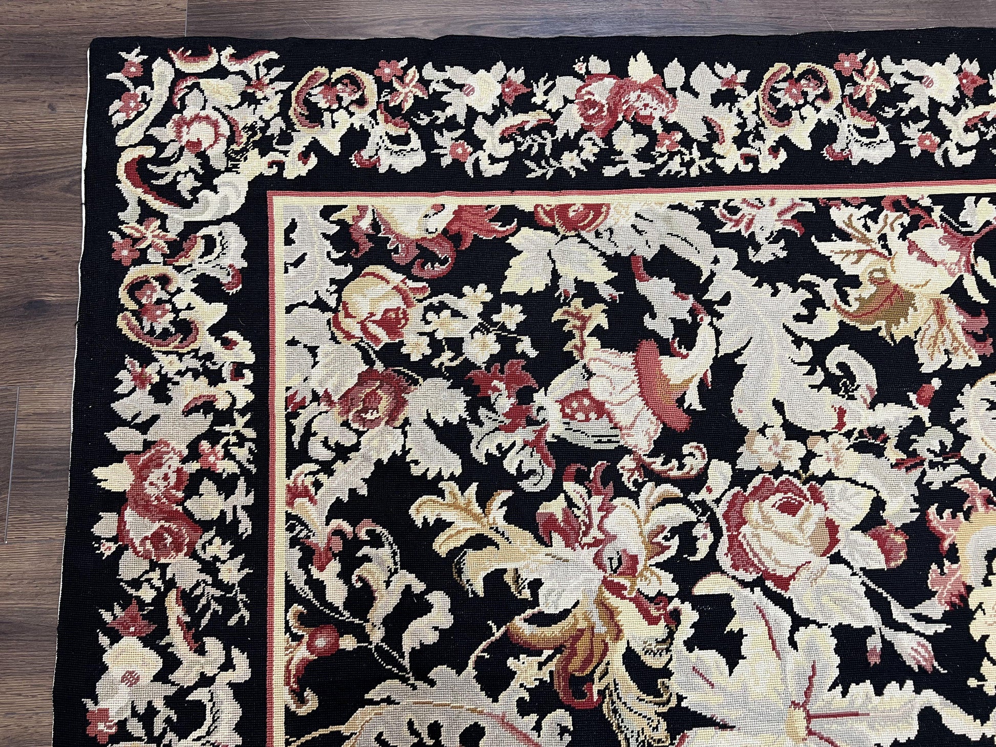 Wool Needlepoint Rug 9x12, William Morris Vintage Chinese Needlepoint Carpet 9 x 12, Handwoven, Allover Floral Area Rug, Black Light Green - Nuvé