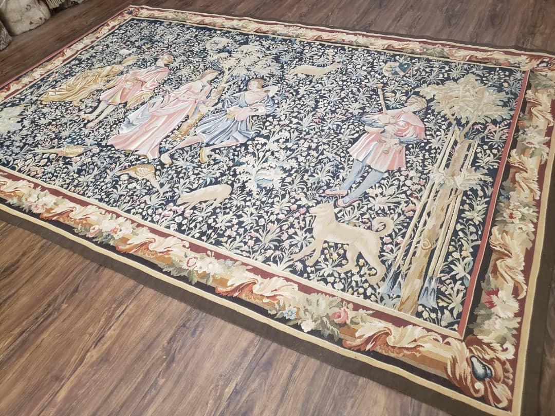 Vintage European Tapestry 5.4 x 7.11, Antique Style European Wall Hanging, Aubusson Weave Handmade Tapestry, Courtship Dating Scene, Animals - Nuvé
