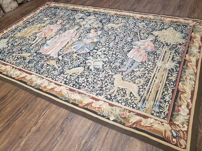 Vintage European Tapestry 5.4 x 7.11, Antique Style European Wall Hanging, Aubusson Weave Handmade Tapestry, Courtship Dating Scene, Animals - Nuvé