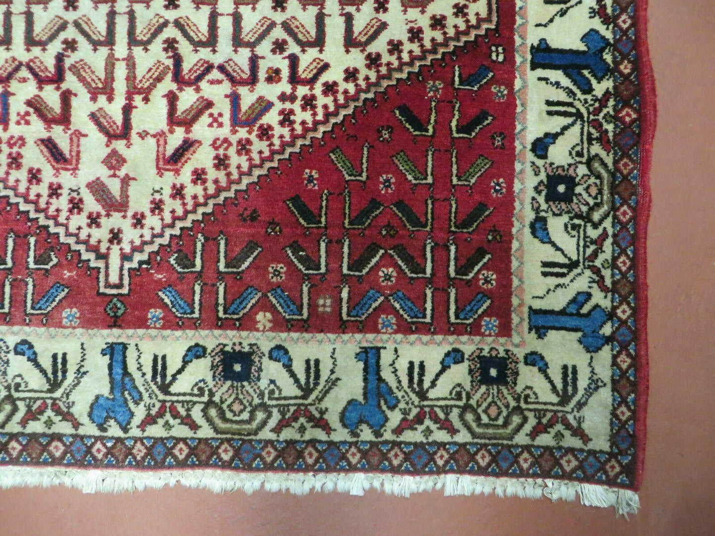 3' X 5' Vintage Handmade India Geometric Oriental Wool Rug Nice Birds Ivory Red - Nuvé