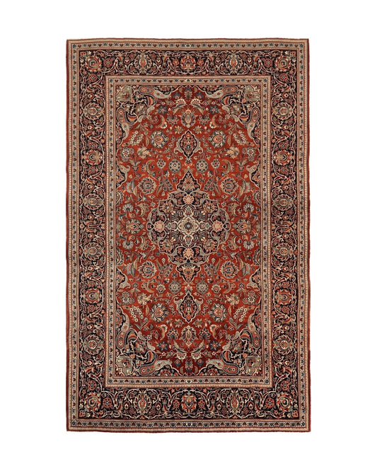 Persian Kashan Rug 4x7, Red and Navy Blue, Floral Antique Carpet
