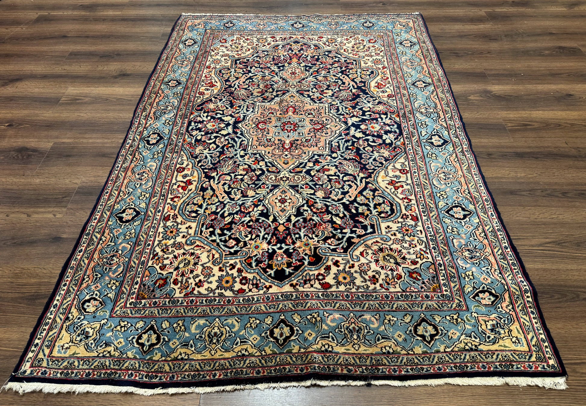 Persian Qum Rug 5x7 in Navy Light Blue and Ivory, Wool wilh Silk Highlights, 225 KPSI - Nuvé