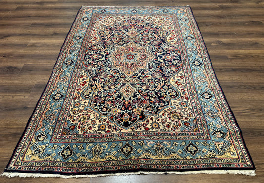 Persian Qum Rug 5x7 in Navy Light Blue and Ivory, Wool wilh Silk Highlights, 225 KPSI - Nuvé