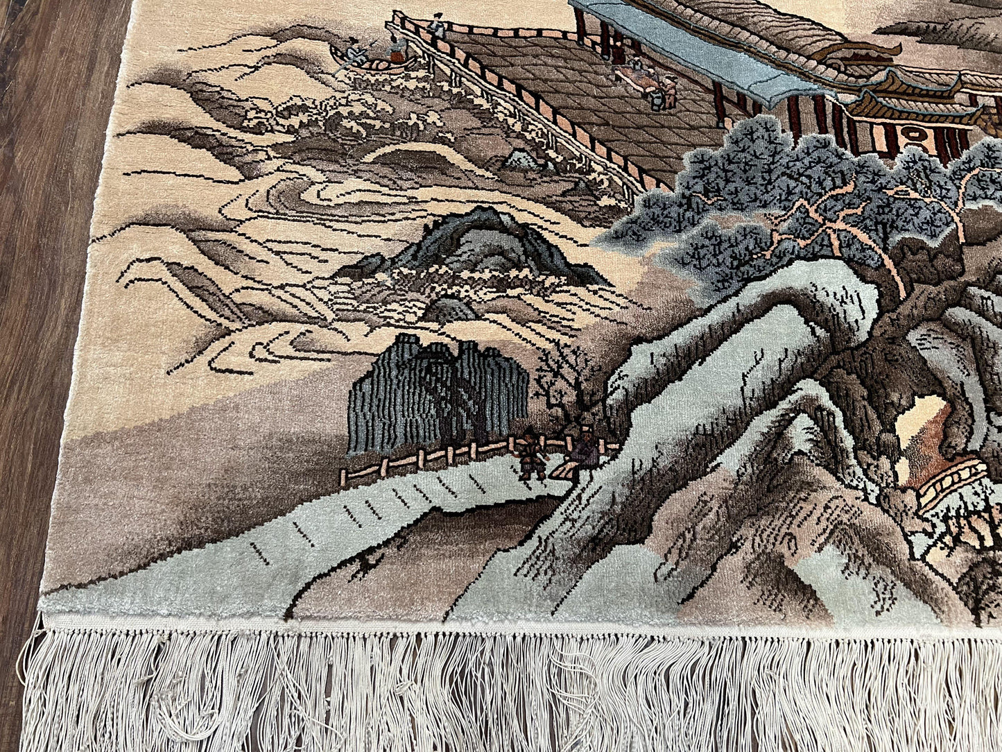 Silk Chinese Wall Hanging Rug 3x6 ft Tapestry, Pagoda Scene, Pictorial, High Quality Fine Hand Knotted Vintage, Asian Oriental Handmade Nice - Nuvé