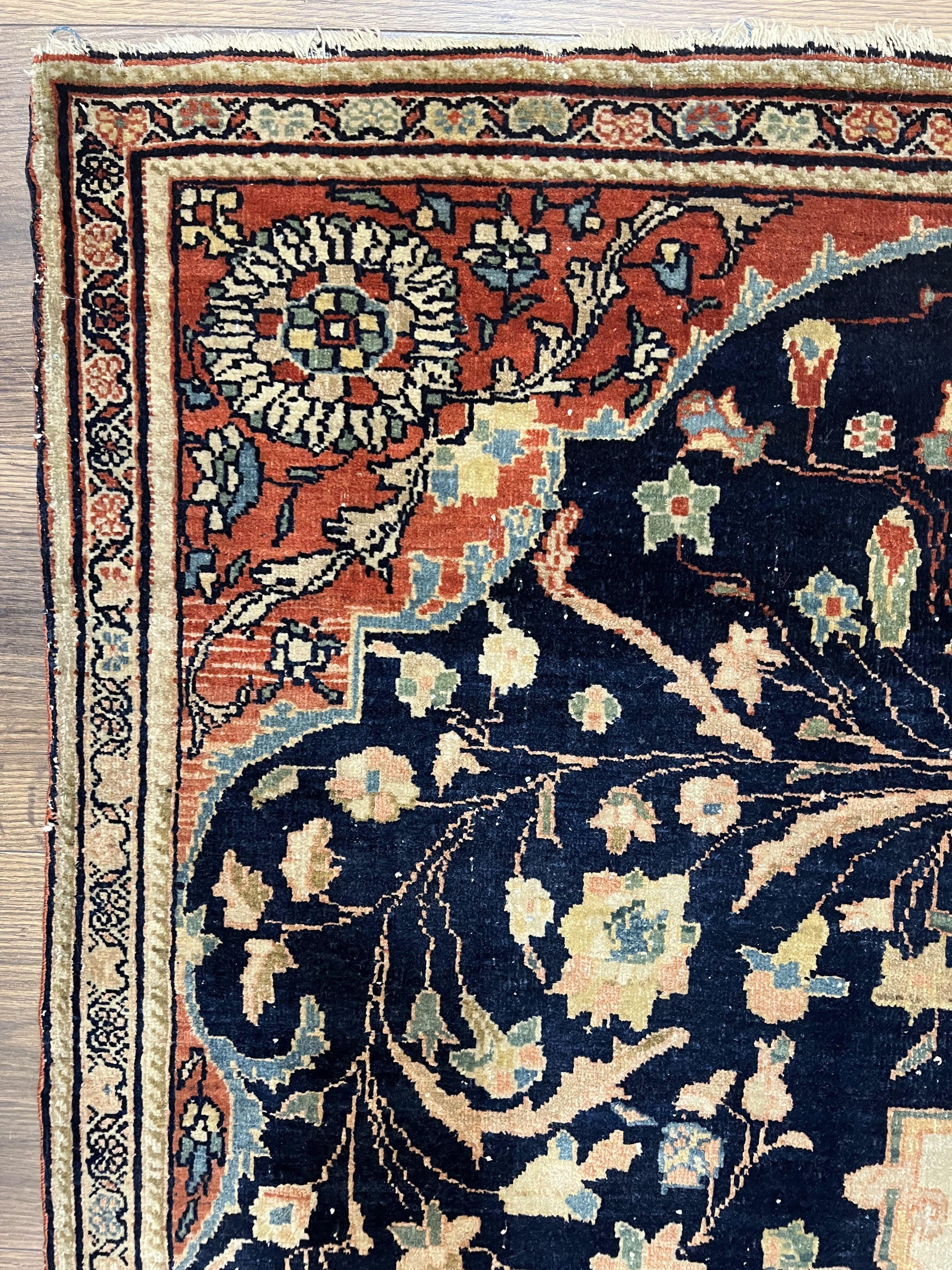 Antique Persian Rug 3.5 x 5, Sarouk Farahan Rug, High Quality 1920s Fine Oriental Carpet 3 x 5 ft, Large Medallion, Floral, Navy Blue Red, Hand Knotted Wool Rug - Nuvé