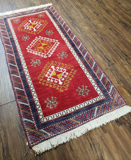 Vintage Turkish Kazak Rug 2.5 x 5 Red Wool Carpet Medallions Runner Geometric - Nuvé