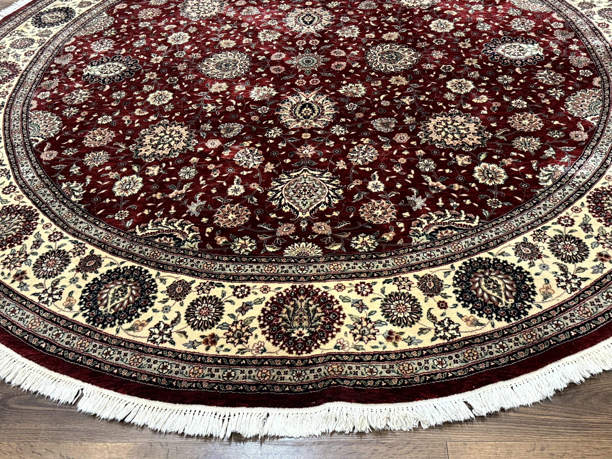 Round Sino Persian Rug 9x9, Burgundy and Cream, Floral, Wool and Silk, 9ft Round Carpet - Nuvé