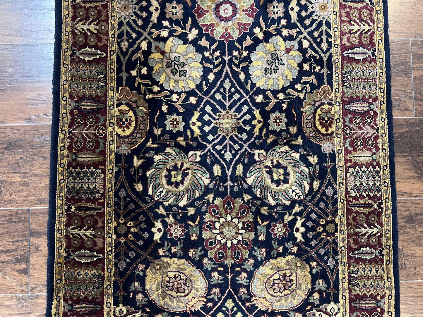 Indo Persian Runner 2.8 x 18, Long Skinny Hallway Wool Runner Rug, Hand Knotted Vintage Floral Allover Traditional Runner Dark Blue Burgundy - Nuvé
