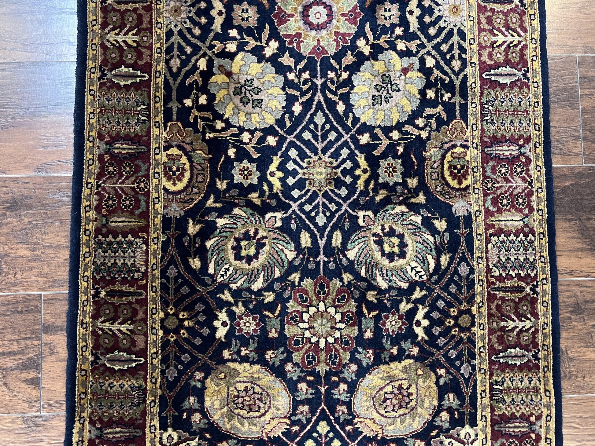 Indo Persian Runner 2.8 x 18, Long Skinny Hallway Wool Runner Rug, Hand Knotted Vintage Floral Allover Traditional Runner Dark Blue Burgundy - Nuvé