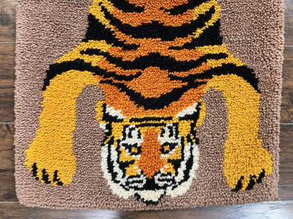 Small Hooked Rug 2x3, Tibetan Tiger Design, Wool, Unique Hooked Rug, Vintage - Nuvé